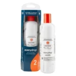 Official Everydrop Filter 2 cartridge standing next to its retail box, featuring the distinct orange "2" identifier for Whirlpool and KitchenAid bottom-freezer refrigerators.