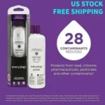 Informational graphic for Everydrop Filter 1 showing reduction of 28 contaminants including lead, chlorine, and pharmaceuticals, with "US Stock Free Shipping"