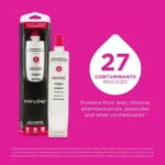 Infographic for Everydrop Filter 5 explaining the three-stage filtration process that blocks particles, captures micro-contaminants, and absorbs pharmaceuticals from drinking water.