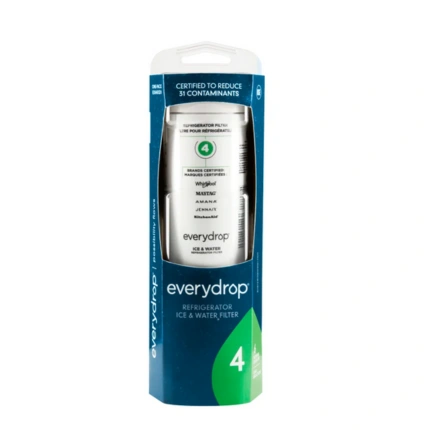 Retail packaging of the Everydrop Filter 4 (Green), compatible with KitchenAid and JennAir refrigerators, showing the "Certified to Reduce 31 Contaminants" label.