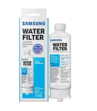 Official Samsung HAF-CIN/EXP refrigerator water filter box and cartridge, designated as the factory replacement for model codes DA97-17376B and DA29-00020B.