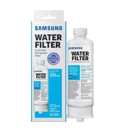 Official Samsung HAF-CIN/EXP refrigerator water filter box and cartridge, designated as the factory replacement for model codes DA97-17376B and DA29-00020B.