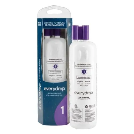 Genuine Everydrop Filter 1 EDR1RXD1 cartridge standing next to retail box, showing the distinct purple end cap that replaces Whirlpool W10295370A and Kenmore 9081 parts.