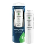 Genuine Everydrop Filter 4 cartridge displayed next to its retail box, featuring the green color code and designated as the official replacement for Maytag UKF8001 and Whirlpool 4396395 fridges.