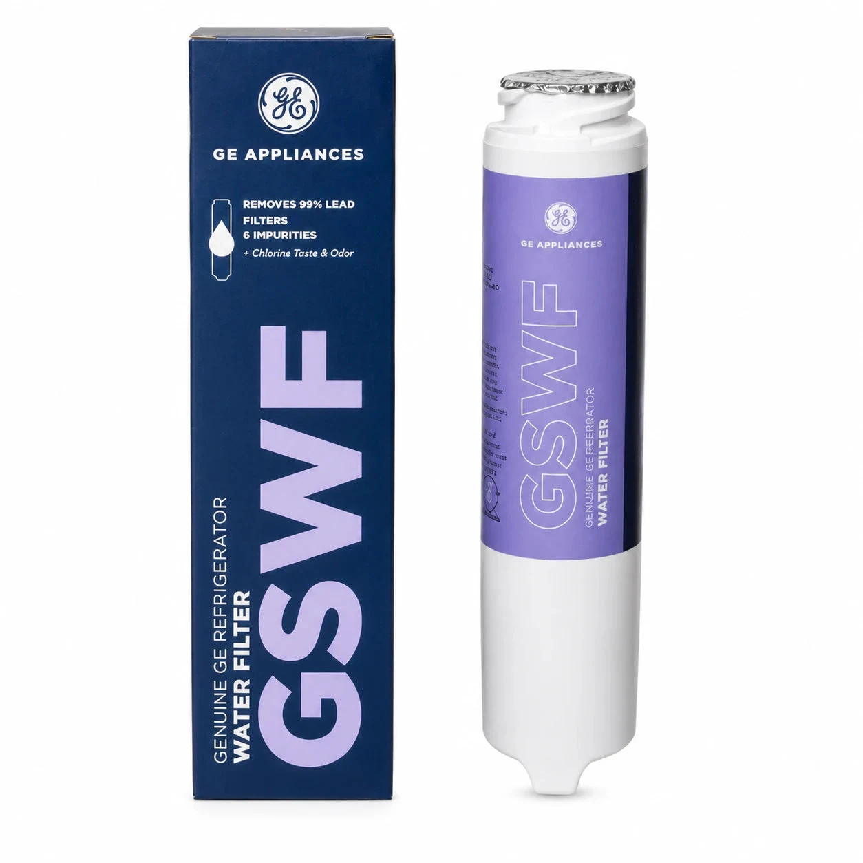 01 GE GSWF slim refrigerator water filter cartridge with its retail packaging