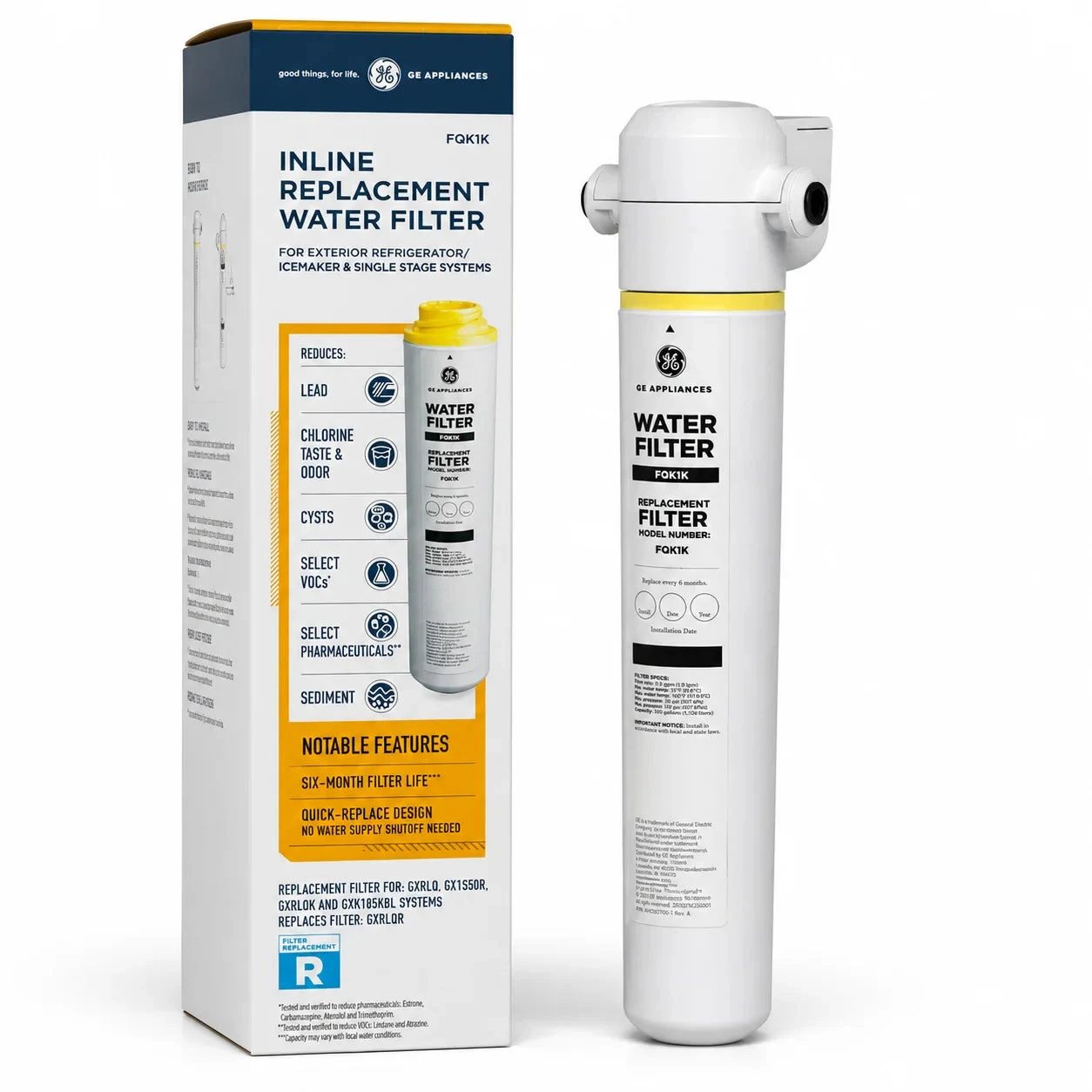 01 GE FQK1K under-sink water filter cartridge with retail packaging — front view