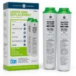 GE FQK2J under-sink filter cartridge pair with retail packaging — front view