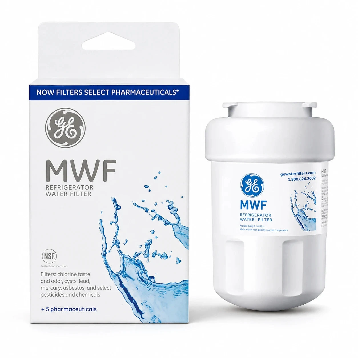 01 GE MWF refrigerator water filter cartridge with its retail packaging