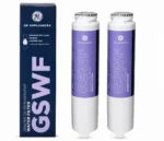 Two GE GSWF slim refrigerator water filter cartridges beside their retail box