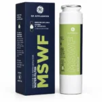 GE MSWF refrigerator water filter cartridge and retail box, close-up of the twist-in cap