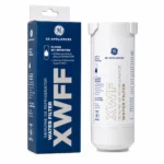 GE XWF refrigerator water filter replacement cartridge with its GE Appliances retail box