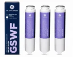 Three GE GSWF slim refrigerator water filter cartridges with their retail box