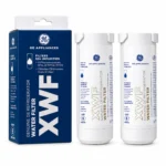 Two GE XWF refrigerator water filter replacement cartridges with their retail box