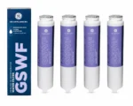 Four GE GSWF slim refrigerator water filter cartridges with their retail box