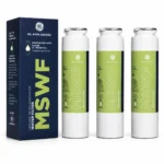 Three GE MSWF refrigerator water filter cartridges with their retail box