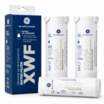 Three GE XWF refrigerator water filter replacement cartridges with their retail box