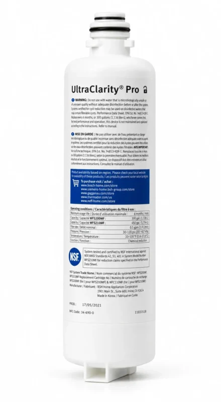 Bosch BORPLFTR50 UltraClarity Pro water filter cartridge – rear label close-up