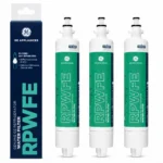 GE RPWFE refrigerator water filter — three cartridges with packaging
