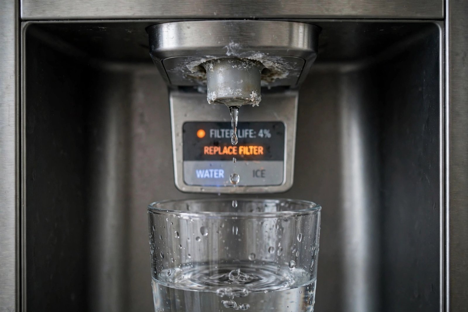 Slow-trickling fridge water dispenser filling a glass — a classic sign the water filter is overdue for replacement