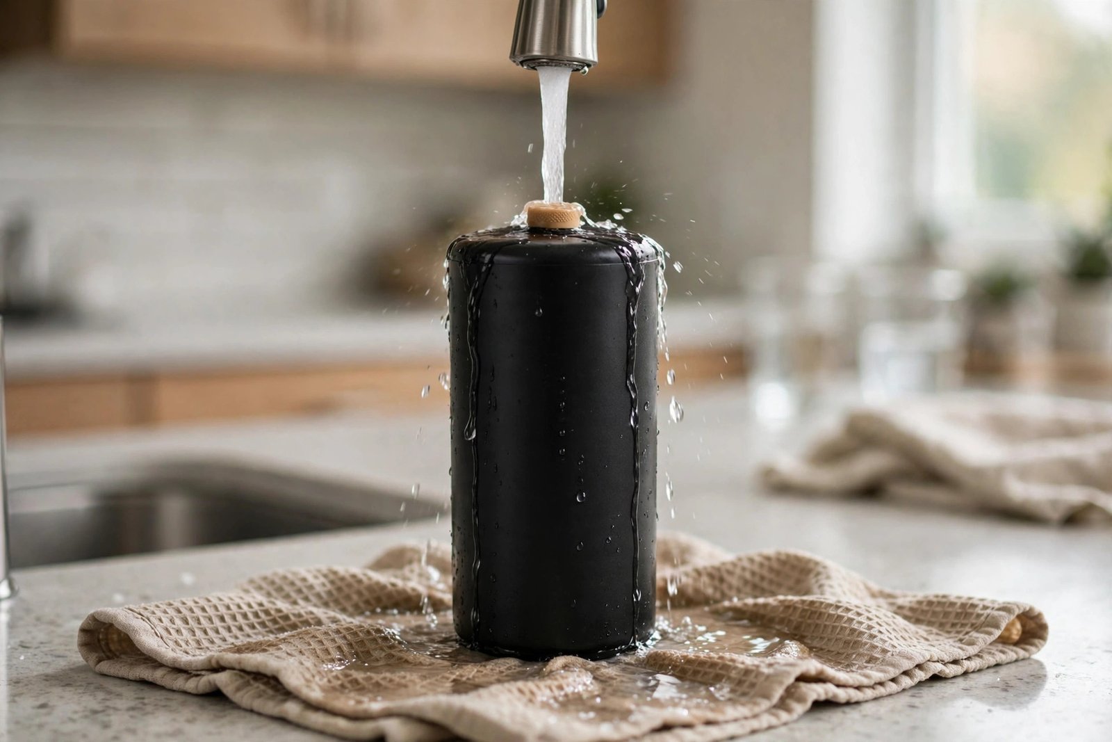 Priming a Black Berkey BB9-2 element under a kitchen tap with the priming button