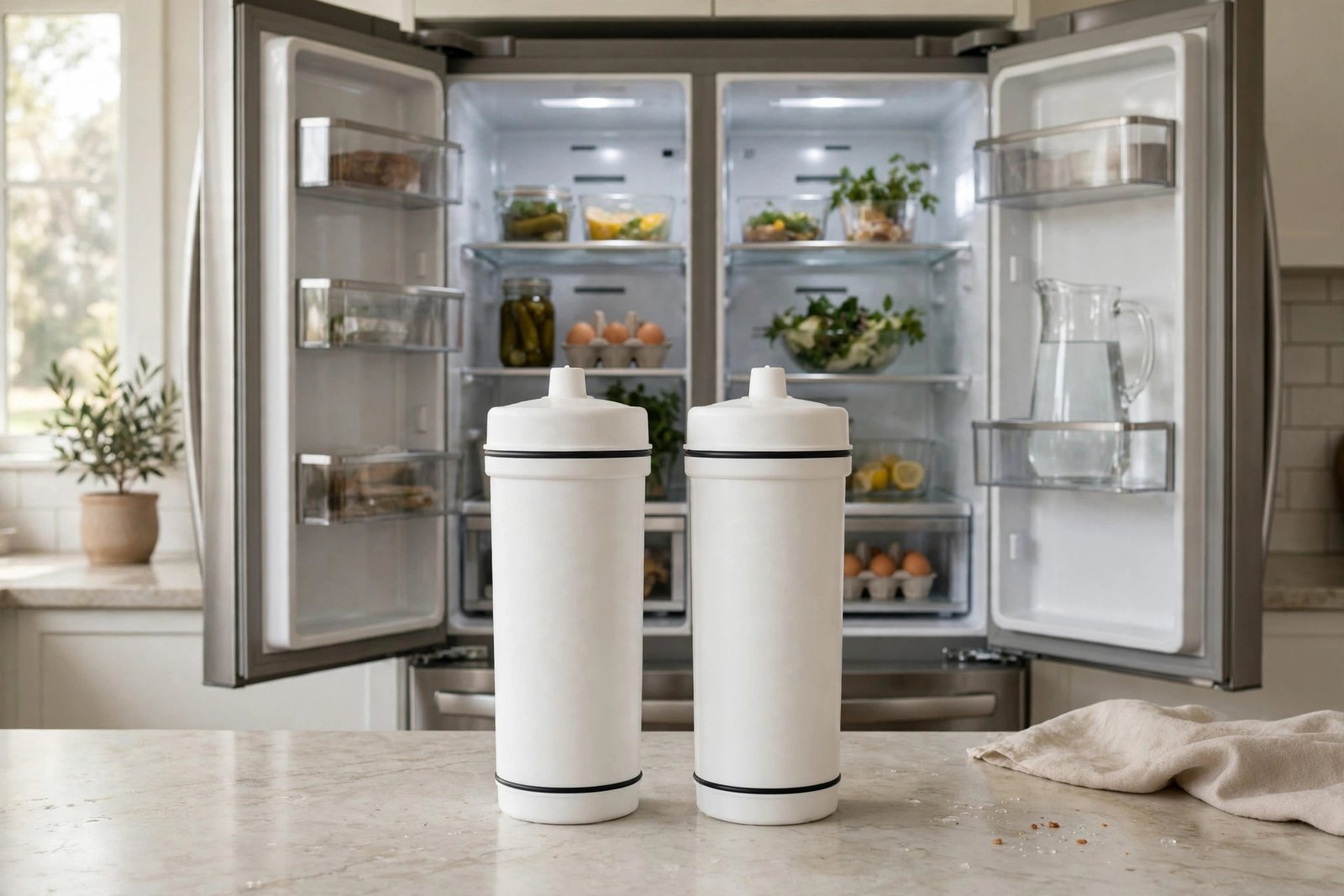 Two refrigerator water filter cartridges side by side in front of an open fridge