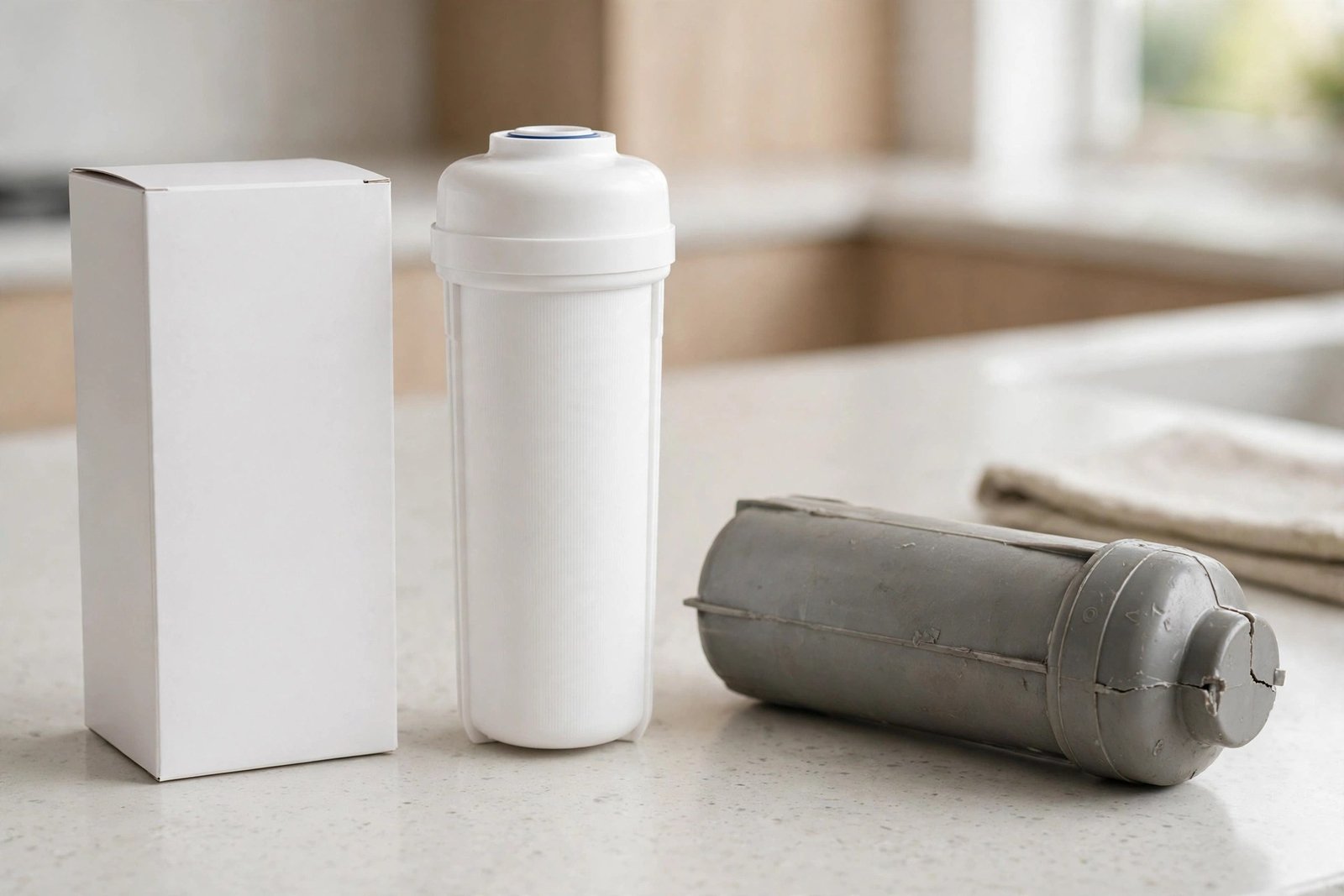 Genuine sealed filter box and new cartridge next to an unbranded damaged cartridge
