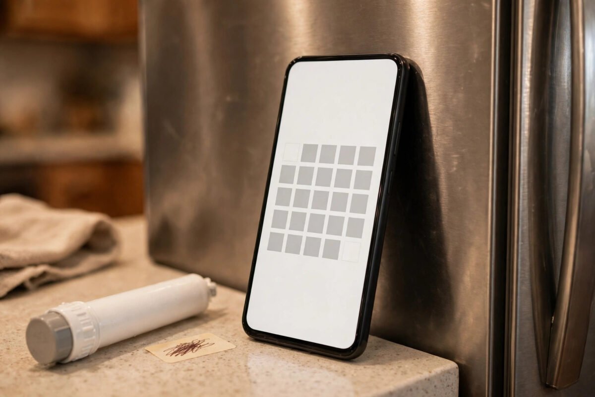 Phone calendar reminder next to a fridge with a dated sticker on the filter