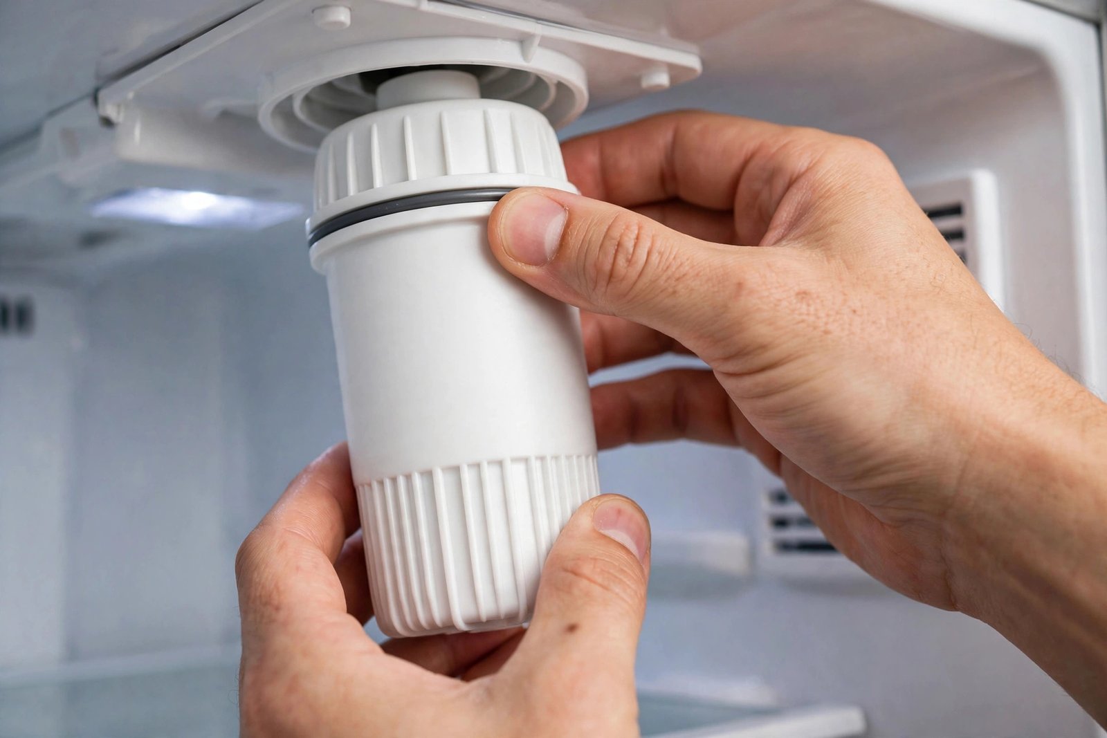 Re-seating a refrigerator water filter cartridge firmly in its housing