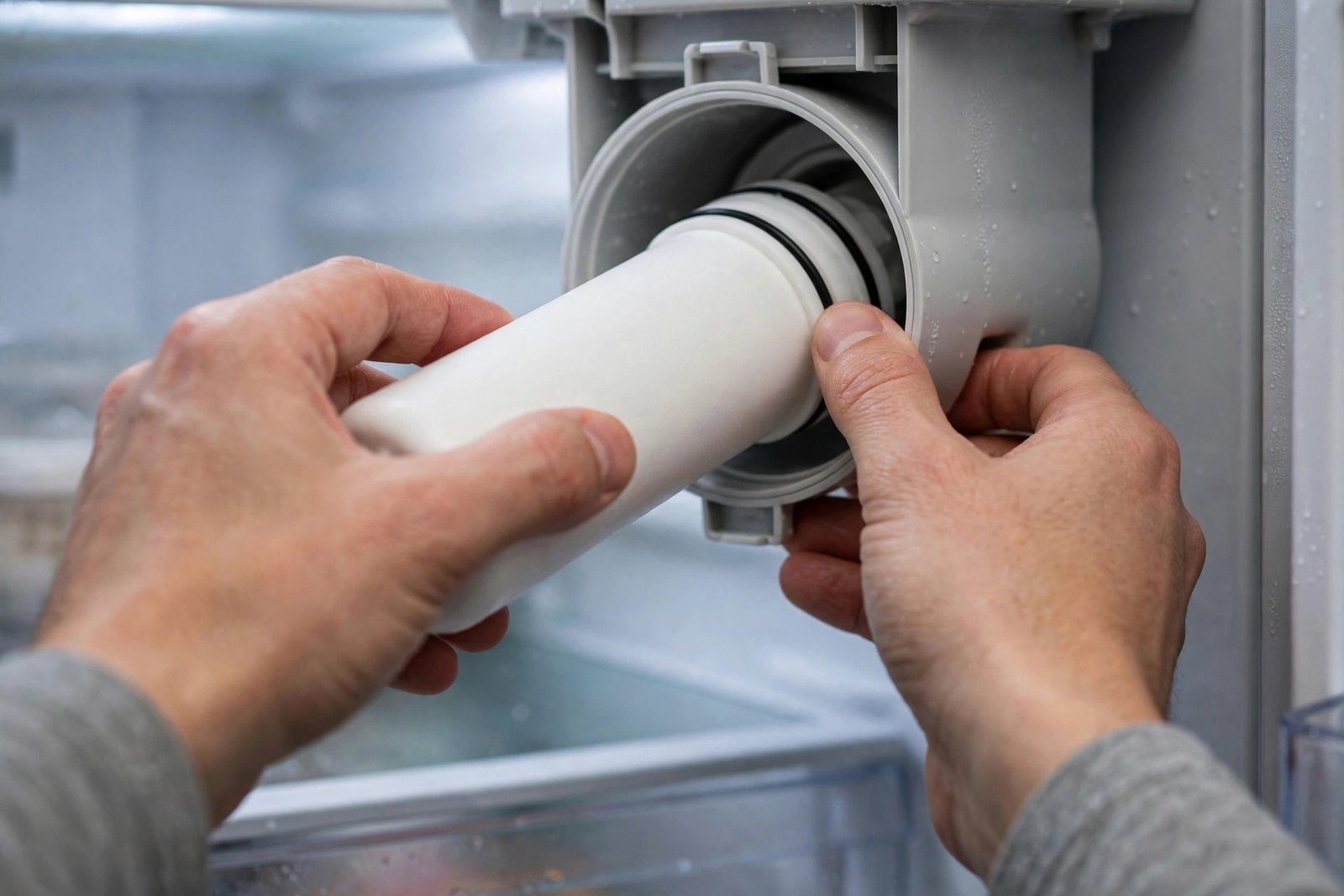 Hands sliding a water filter cartridge into a fridge filter housing