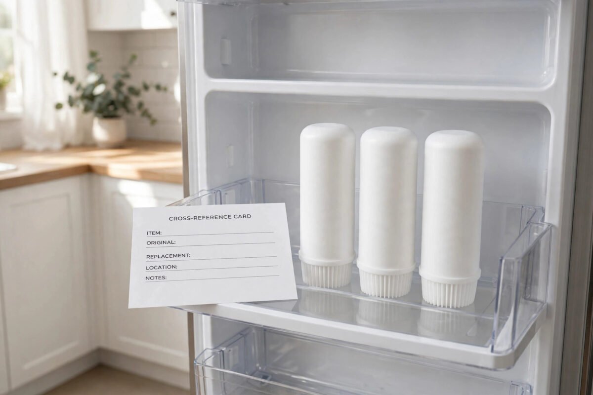 Kenmore refrigerator with a filter cross-reference card matching 46-9081, 46-9083 and 46-9006 to EveryDrop filters