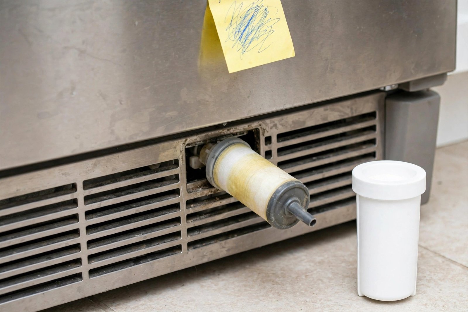 Old filter cartridge coming out of a fridge base grille with a new replacement cartridge beside it