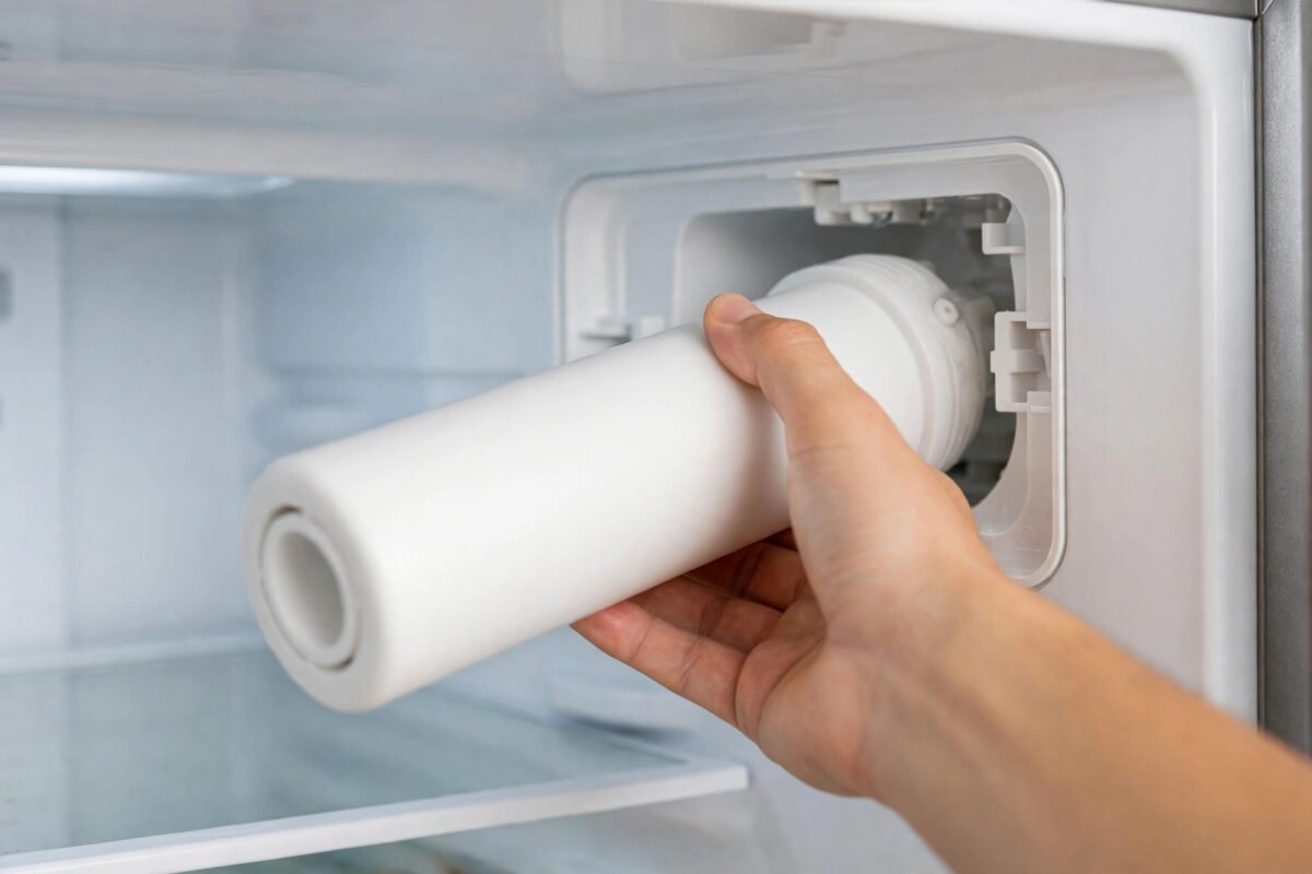 Hand inserting a refrigerator water filter cartridge into the filter compartment