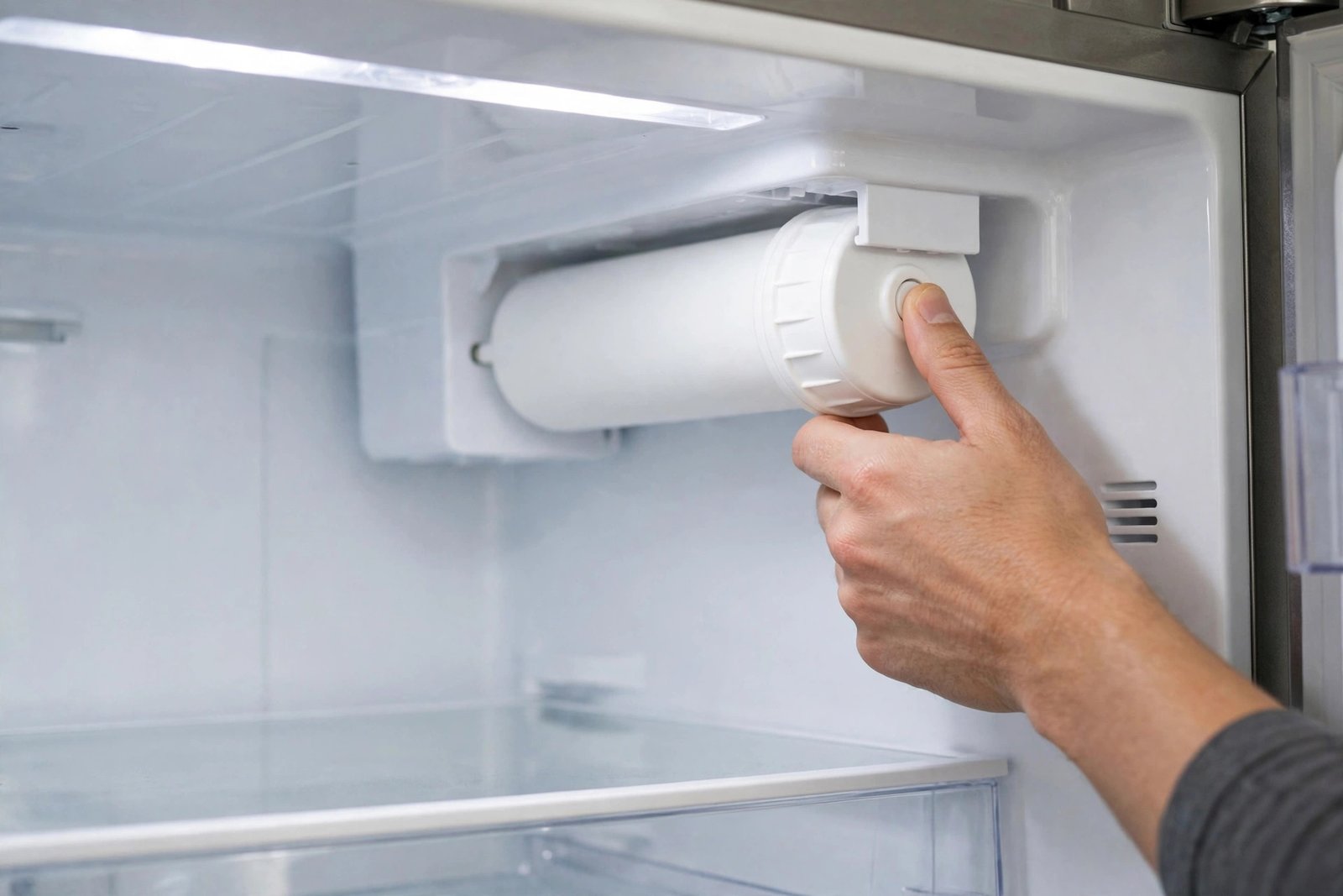 EveryDrop Filter 2 EDR2RXD1 cartridge being released from the upper-right interior compartment of a refrigerator