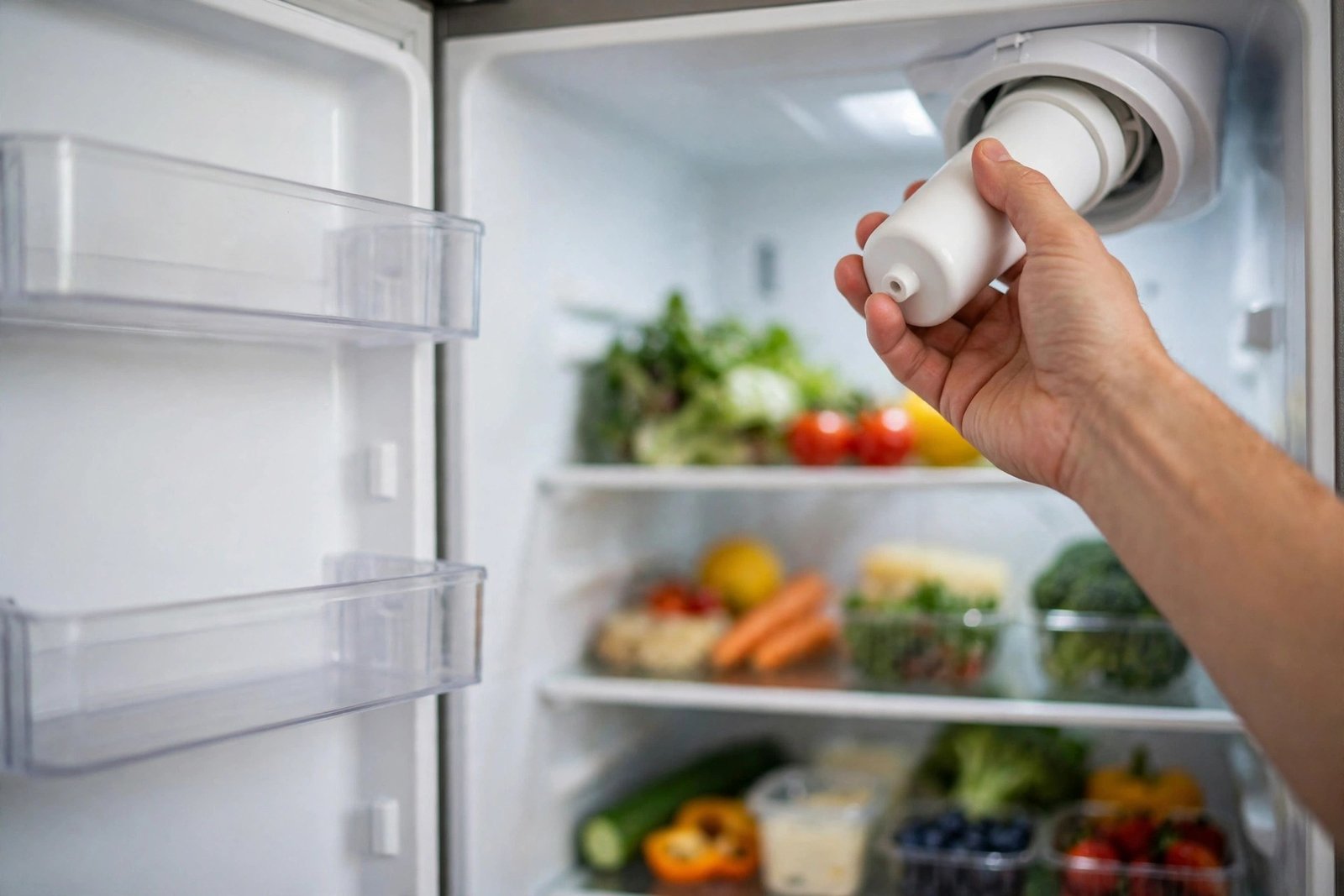 Filter housing open in the upper-right corner of a French-door fridge with the old EDR4RXD1 cartridge being twisted out