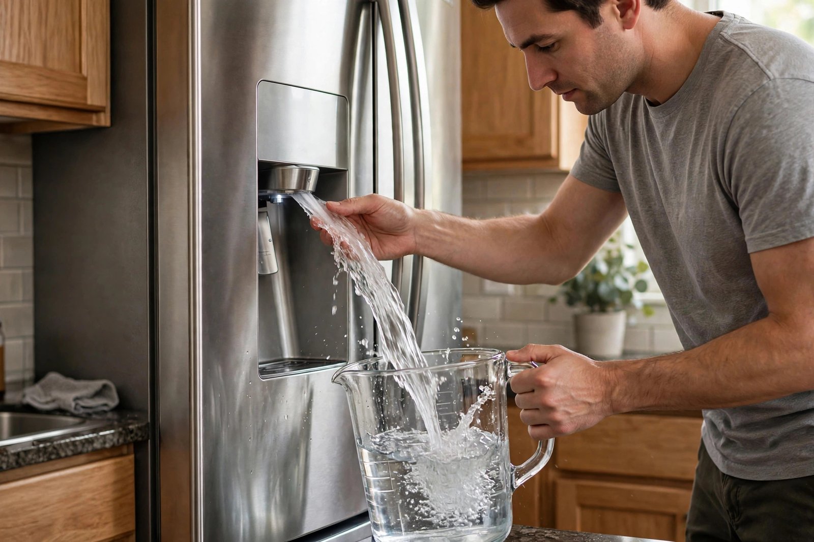 Flushing a fridge water dispenser into a jug after a filter change