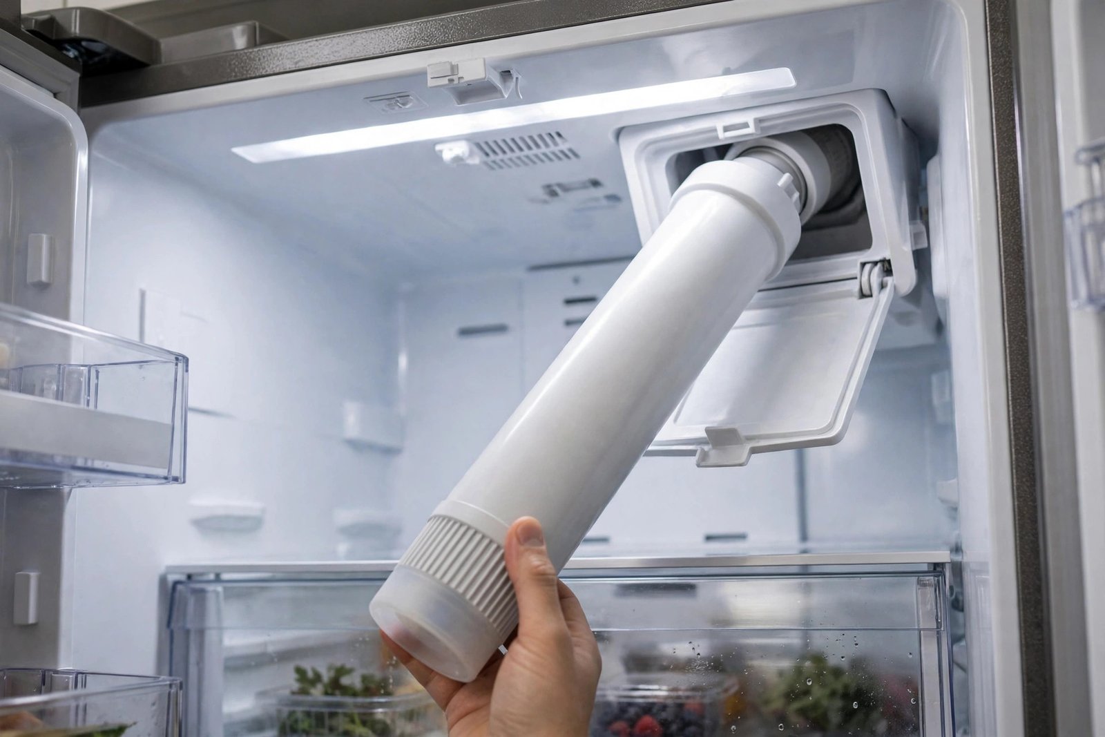 EveryDrop Filter 4 EDR4RXD1 housing in the upper-right corner of a French-door fridge